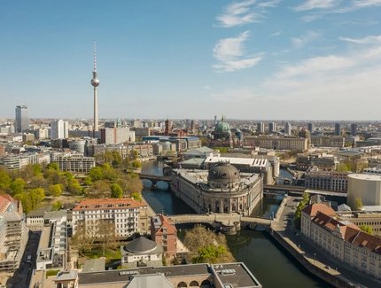 Germany, Berlin, Aerial view of Bode Museum with Fernsehturm Berlin in background