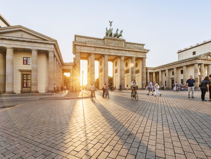The Berlin landmark Brandenburg Gate in sunlight