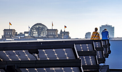 View of the Bundestag building in Beriln from the solar roof of the Futurium