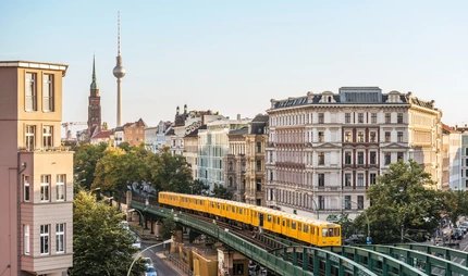 Elevated railway in Berlin Prenzlauer Berg Elevated railway on Schönhauser Allee, corner of Eberswalder Straße with a view of the television tower in Berlin Prenzlauer Berg