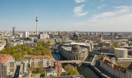Germany, Berlin, Aerial view of Bode Museum with Fernsehturm Berlin in background