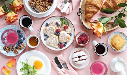 Sweet breakfast with waffles and croissant 