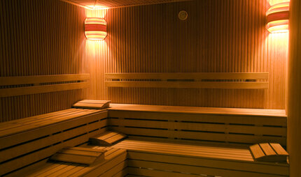 Vacant benches of wooden sauna, Turkey, Istanbul, Beykoz