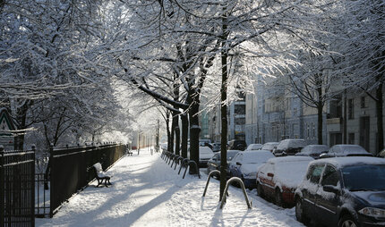 A residential street covered in snow, Berlin, Germany